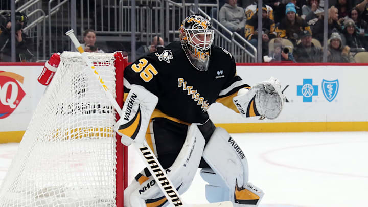 Jan 14, 2025; Pittsburgh, Pennsylvania, USA;  Pittsburgh Penguins goaltender Tristan Jarry (35) guards the net against the Seattle Kraken during the second period at PPG Paints Arena. Mandatory Credit: Charles LeClaire-Imagn Images