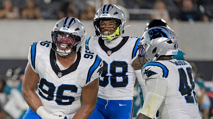 Aug 21, 2026; Jacksonville, Florida, USA; Carolina Panthers defensive tackle Elijah Garcia (96) celebrates a tackle for loss during the third quarter of the preseason game against the Jacksonville Jaguars at EverBank Stadium. Mandatory Credit: Melina Myers-Imagn Images Aug 21, 2026; Jacksonville, Florida, USA; Carolina Panthers defensive tackle Elijah Garcia (96) celebrates a tackle for loss during the third quarter of the preseason game against the Jacksonville Jaguars at EverBank Stadium. Mandatory Credit: Melina Myers-Imagn Images