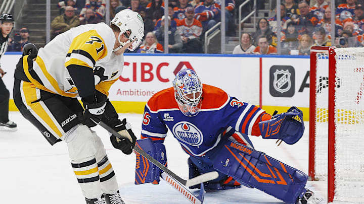 Jan 22, 2026; Edmonton, Alberta, CAN; Pittsburgh Penguins forward Evgeni Malkin (71) scores a goal on Edmonton Oilers goaltender Tristan Jarry (35) during the second period at Rogers Place. Mandatory Credit: Perry Nelson-Imagn Images