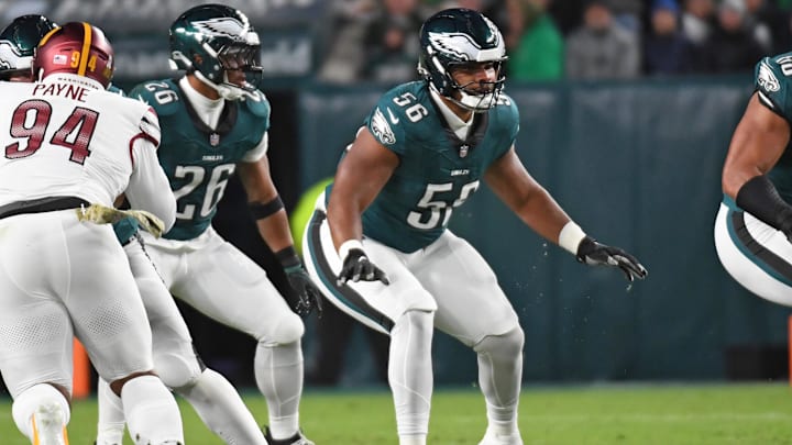 Nov 14, 2024; Philadelphia, Pennsylvania, USA; Philadelphia Eagles guard Tyler Steen (56) against the Washington Commanders at Lincoln Financial Field. Mandatory Credit: Eric Hartline-Imagn Images