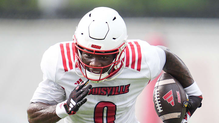 Louisville Cardinals senior wide receiver Chris Bell (0) during a recent practice on August 4, 2025 before the start of the 2025 football season.