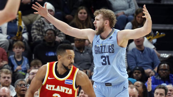 Jan 21, 2026; Memphis, Tennessee, USA; Memphis Grizzlies center Jock Landale (31) reacts during the first quarter against the Atlanta Hawks at FedExForum. Mandatory Credit: Petre Thomas-Imagn Images