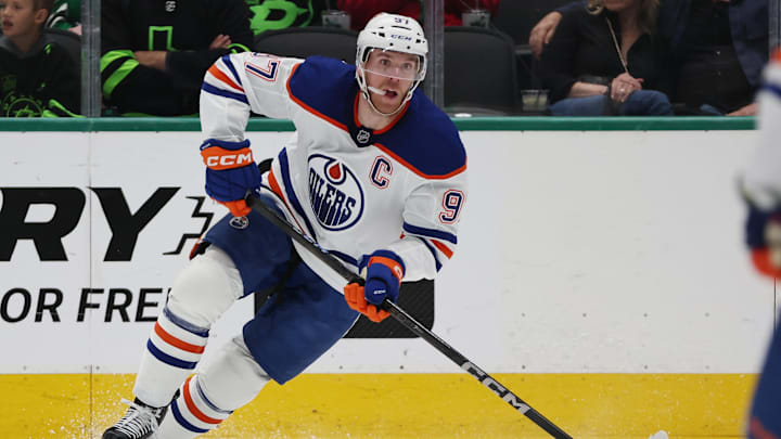 Oct 19, 2024; Dallas, Texas, USA; Edmonton Oilers center Connor McDavid (97) controls the puck against the Dallas Stars in the first period at American Airlines Center. Mandatory Credit: Tim Heitman-Imagn Images