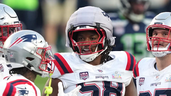 Feb 8, 2026; Santa Clara, CA, USA; New England Patriots guard Jared Wilson (58) during the second quarter against the Seattle Seahawks in Super Bowl LX at Levi's Stadium. Mandatory Credit: Darren Yamashita-Imagn Images Feb 8, 2026; Santa Clara, CA, USA; New England Patriots guard Jared Wilson (58) during the second quarter against the Seattle Seahawks in Super Bowl LX at Levi's Stadium. Mandatory Credit: Darren Yamashita-Imagn Images