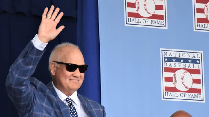 Ryne Sandberg acknowledges the crowd at Baseball Hall of Fame induction day in 2024.