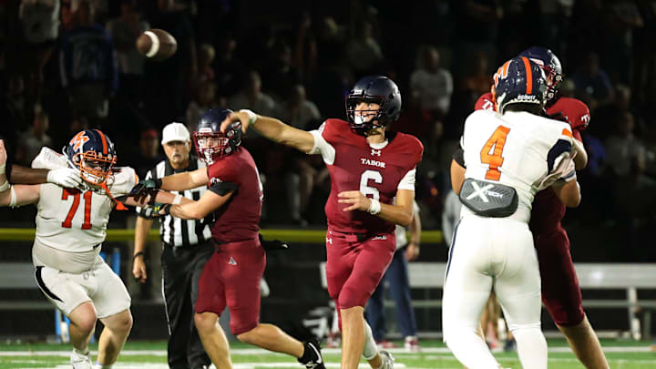 Tabor Academy quarterback Peter Bourque against Milton Academy during their game on Friday, Sept. 26, 2025.