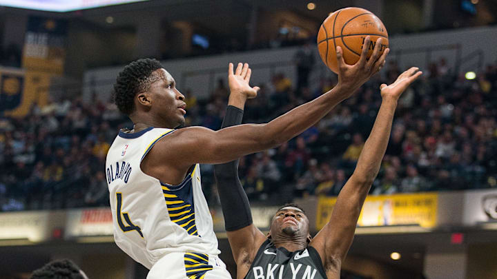 Oct 20, 2018; Indianapolis, IN, USA; Indiana Pacers guard Victor Oladipo (4) shoots the ball while Brooklyn Nets guard Caris LeVert (22) defends in the first quarter at Bankers Life Fieldhouse. Mandatory Credit: Trevor Ruszkowski-Imagn Images Oct 20, 2018; Indianapolis, IN, USA; Indiana Pacers guard Victor Oladipo (4) shoots the ball while Brooklyn Nets guard Caris LeVert (22) defends in the first quarter at Bankers Life Fieldhouse. Mandatory Credit: Trevor Ruszkowski-Imagn Images