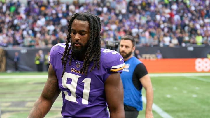 Oct 2, 2022; London, United Kingdom; Minnesota Vikings linebacker Patrick Jones II (91) during the NFL International Series game at Tottenham Hotspur Stadium. Mandatory Credit: Peter van den Berg-Imagn Images Oct 2, 2022; London, United Kingdom; Minnesota Vikings linebacker Patrick Jones II (91) during the NFL International Series game at Tottenham Hotspur Stadium. Mandatory Credit: Peter van den Berg-Imagn Images