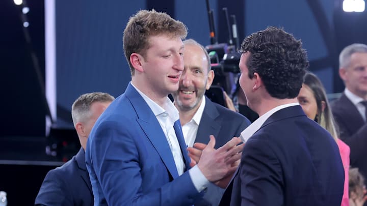 Jun 25, 2025; Brooklyn, NY, USA;  Danny Wolf celebrates after being selected as the 27th pick by the Brooklyn Nets in the first round of the 2025 NBA Draft at Barclays Center. Mandatory Credit: Brad Penner-Imagn Images