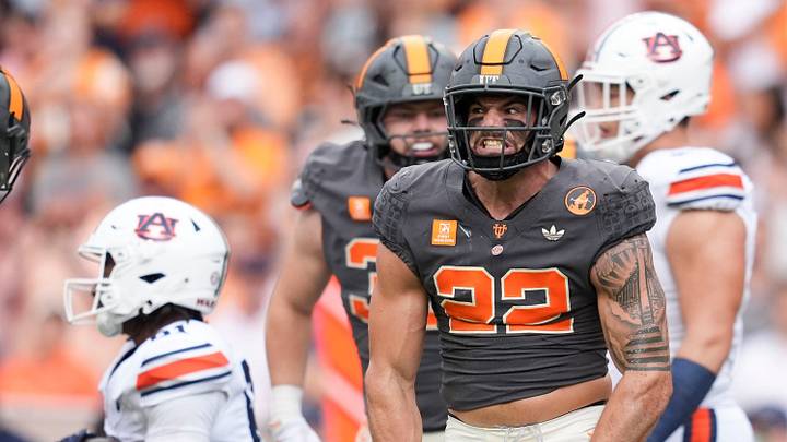 Tennessee linebacker Jeremiah Telander (22) celebrates after making a defensive stop against Auburn during a college football game on Oct. 3, 2026, in Knoxville, Tennessee. Tennessee linebacker Jeremiah Telander (22) celebrates after making a defensive stop against Auburn during a college football game on Oct. 3, 2026, in Knoxville, Tennessee.