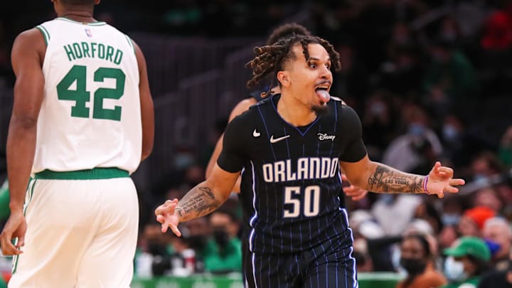 Orlando Magic guard Cole Anthony reacts after making a three pointer during the second half against the Boston Celtics at TD Garden. 
