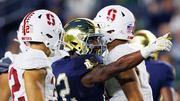 Notre Dame running back Devyn Ford (22) celebrates getting a first down during a NCAA college football game between Notre Dame and Stanford at Notre Dame Stadium on Saturday, Oct. 12, 2024, in South Bend.