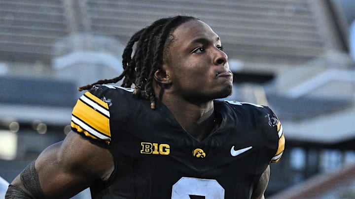 Oct 26, 2024; Iowa City, Iowa, USA; Iowa Hawkeyes running back Kaleb Johnson (2) runs off the field after a game against the Northwestern Wildcats at Kinnick Stadium. Mandatory Credit: Jeffrey Becker-Imagn Images