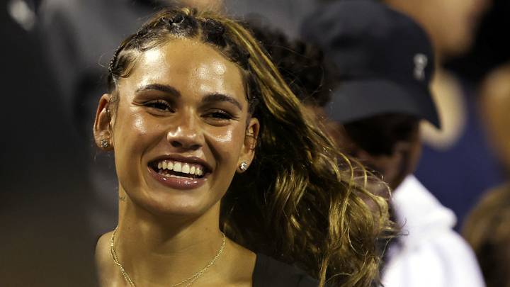 Jul 30, 2026; Washington, D.C., USA; Trinity Rodman, girlfriend of Ben Shelton (USA) (not pictured), celebrates in the stands after his match against Ugo Humbert (FRA) (not pictured) on day four of the 2026 Mubadala DC Open at Rock Creek Park Tennis Center. Jul 30, 2026; Washington, D.C., USA; Trinity Rodman, girlfriend of Ben Shelton (USA) (not pictured), celebrates in the stands after his match against Ugo Humbert (FRA) (not pictured) on day four of the 2026 Mubadala DC Open at Rock Creek Park Tennis Center.