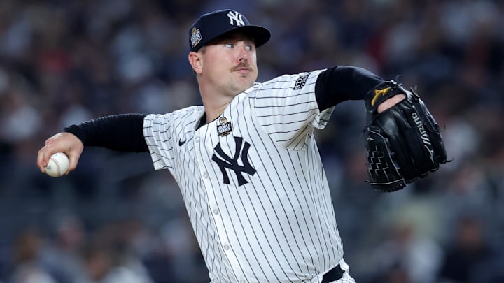 Oct 29, 2024; New York, New York, USA; New York Yankees pitcher Mark Leiter Jr. (38) throws during the seventh inning against the Los Angeles Dodgers in game four of the 2024 MLB World Series at Yankee Stadium. Mandatory Credit: Brad Penner-Imagn Images