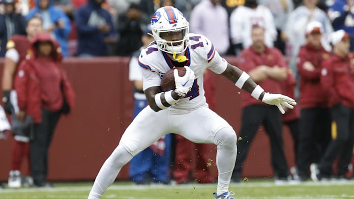 Sep 24, 2023; Landover, Maryland, USA; Buffalo Bills wide receiver Stefon Diggs (14) runs with the