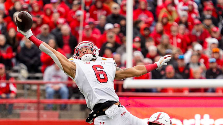 Nov 11, 2023; Lincoln, Nebraska, USA; Maryland Terrapins wide receiver Jeshaun Jones (6) against Nebraska Cornhuskers defensive back Omar Brown (12) during the third quarter at Memorial Stadium. Mandatory Credit: Dylan Widger-Imagn Images Nov 11, 2023; Lincoln, Nebraska, USA; Maryland Terrapins wide receiver Jeshaun Jones (6) against Nebraska Cornhuskers defensive back Omar Brown (12) during the third quarter at Memorial Stadium. Mandatory Credit: Dylan Widger-Imagn Images