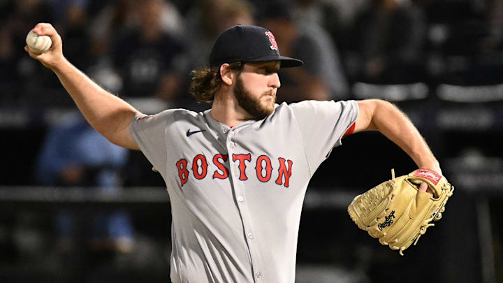 Apr 16, 2025; St. Petersburg, Florida, USA; Boston Red Sox relief pitcher Justin Slanten (63) throws a pitch in the ninth inning against the Tampa Bay Rays at George M. Steinbrenner Field. Mandatory Credit: Jonathan Dyer-Imagn Images Apr 16, 2025; St. Petersburg, Florida, USA; Boston Red Sox relief pitcher Justin Slanten (63) throws a pitch in the ninth inning against the Tampa Bay Rays at George M. Steinbrenner Field. Mandatory Credit: Jonathan Dyer-Imagn Images