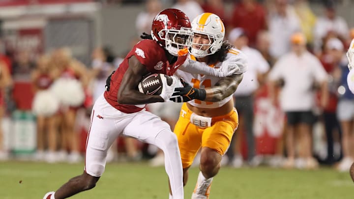 Oct 5, 2024; Fayetteville, Arkansas, USA; Arkansas Razorbacks wide receiver Andrew Armstrong (2) runs after a catch against the Tennessee Volunteers during the first half at Donald W. Reynolds Razorback Stadium. Mandatory Credit: Nelson Chenault-Imagn Images
