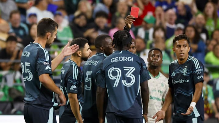 Aug 3, 2025; Seattle, WA, USA; Seattle Sounders FC forward Georgi Minoungou (93) receives a red card following a second yellow card for unsportsmanlike celebration for a goal against Santos Laguna during the second half at Lumen Field. Mandatory Credit: Joe Nicholson-Imagn Images
