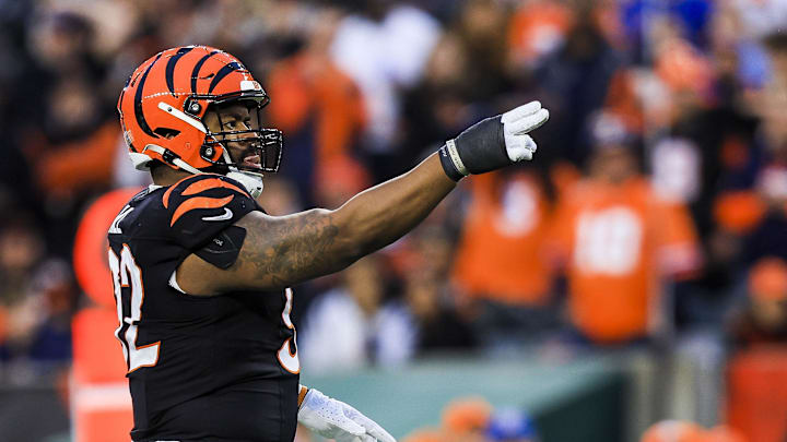 Dec 28, 2024; Cincinnati, Ohio, USA; Cincinnati Bengals defensive tackle B.J. Hill (92) reacts after a play against the Denver Broncos in the first half at Paycor Stadium. Mandatory Credit: Katie Stratman-Imagn Images