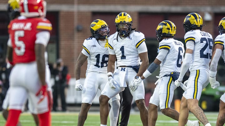 Nov 22, 2025; College Park, Maryland, USA;  Michigan Wolverines linebacker Jaishawn Barham (1) reacts after tackle for a loss during the first half against the Maryland Terrapins at SECU Stadium. Mandatory Credit: Tommy Gilligan-Imagn Images