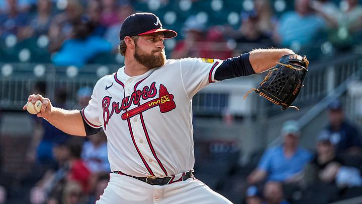 Aug 31, 2026; Cumberland, Georgia, USA; Atlanta Braves pitcher Bryce Elder (55) pitches  against the San Francisco Giants during the first inning at Truist Park. Mandatory Credit: Dale Zanine-Imagn Images