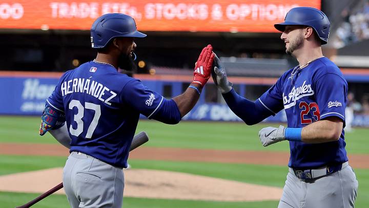 Jul 25, 2026; New York City, New York, USA; Los Angeles Dodgers right fielder Kyle Tucker (23) celebrates his solo home run against the New York Mets with on-deck batter Teoscar Hernandez (37) during the third inning at Citi Field. Mandatory Credit: Brad Penner-Imagn Images Jul 25, 2026; New York City, New York, USA; Los Angeles Dodgers right fielder Kyle Tucker (23) celebrates his solo home run against the New York Mets with on-deck batter Teoscar Hernandez (37) during the third inning at Citi Field. Mandatory Credit: Brad Penner-Imagn Images