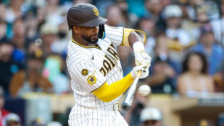 Apr 16, 2026; San Diego, California, USA; San Diego Padres designated hitter Miguel Andujar (41) hits a single during the second inning against the Seattle Mariners at Petco Park. Mandatory Credit: David Frerker-Imagn Images