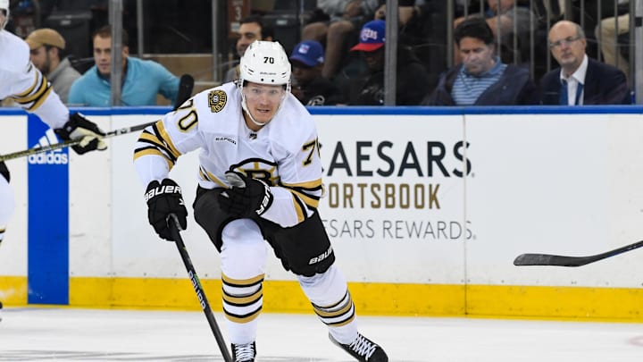 Oct 5, 2023; New York, New York, USA;  Boston Bruins center Jesper Boqvist (70) skates across center