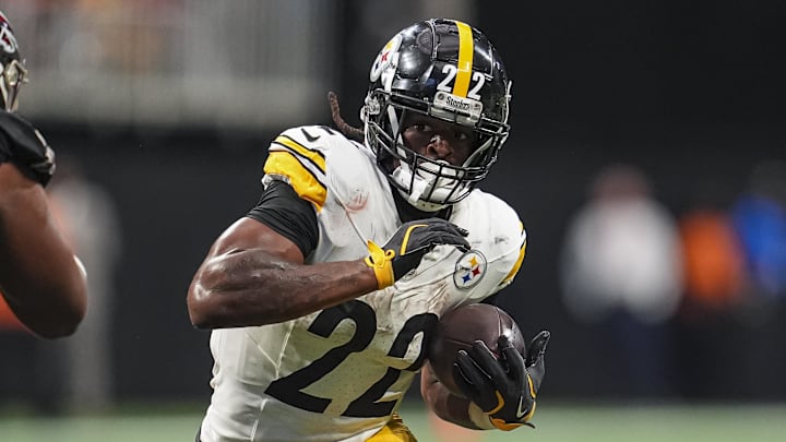 Sep 8, 2024; Atlanta, Georgia, USA; Pittsburgh Steelers running back Najee Harris (22) runs with the ball against the Atlanta Falcons at Mercedes-Benz Stadium. Mandatory Credit: Dale Zanine-Imagn Images