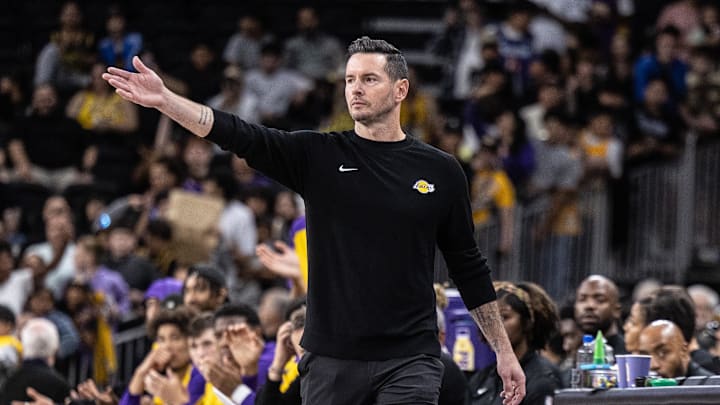 Oct 6, 2024; Palm Desert, California, USA; Los Angeles Lakers head coach JJ Redick reacts against the Phoenix Suns during the second half at Acrisure Arena. Mandatory Credit: David Frerker-Imagn Images