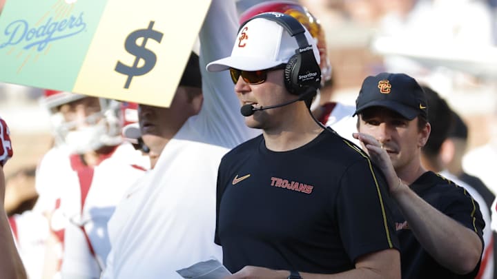 Sep 21, 2024; Ann Arbor, Michigan, USA; USC Trojans head coach Lincoln Riley on the sideline in the second half against the Michigan Wolverines at Michigan Stadium. Mandatory Credit: Rick Osentoski-Imagn Images Sep 21, 2024; Ann Arbor, Michigan, USA; USC Trojans head coach Lincoln Riley on the sideline in the second half against the Michigan Wolverines at Michigan Stadium. Mandatory Credit: Rick Osentoski-Imagn Images