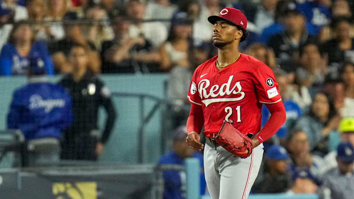 Cincinnati Reds starting pitcher Hunter Greene (21) reacts on the mound in the third inning of the MLB National League Wild Card Game 1 between the Los Angeles Dodgers and the Cincinnati Reds at Dodger Stadium in Los Angeles on Tuesday, Sept. 30, 2025. The Dodgers won game 1 of the series, 10-5.