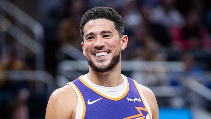 Mar 12, 2026; Indianapolis, Indiana, USA;  Phoenix Suns guard Devin Booker (1) in the first half against the Indiana Pacers at Gainbridge Fieldhouse. Mandatory Credit: Trevor Ruszkowski-Imagn Images