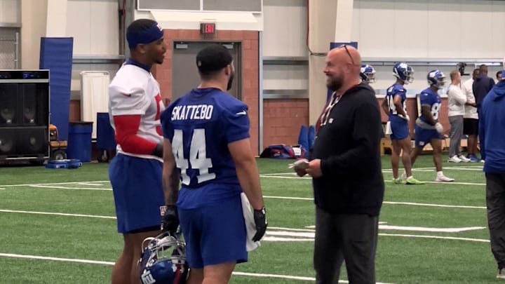 May 9 2025: New York Giants head coach Brian Daboll chats with drft picks Abdul Carter and Cam Skattebo during the team's rookie minicamp. May 9 2025: New York Giants head coach Brian Daboll chats with drft picks Abdul Carter and Cam Skattebo during the team's rookie minicamp.