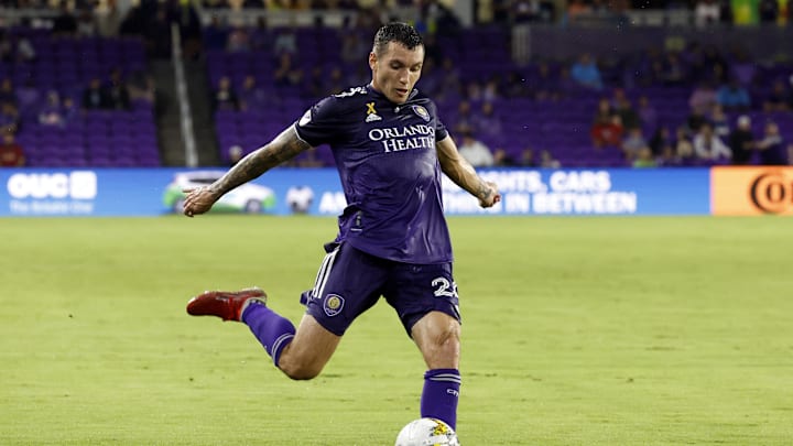 Sep 14, 2022; Orlando, Florida, USA; Orlando City SC defender Kyle Smith (24) passes the ball