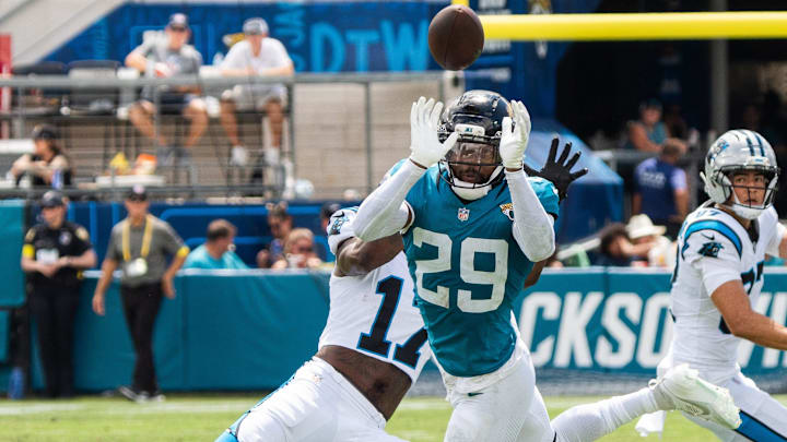 Jacksonville Jaguars safety Eric Murray (29) breaks up a pass intended for Carolina Panthers wide receiver Xavier Legette (17) during the second quarter of an NFL football game between the Carolina Panthers at Jacksonville Jaguars at EverBank Stadium Sunday September 7, 2025. [Doug Engle/Florida Times-Union]