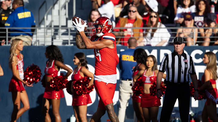Nov 30, 2024; Tucson, Arizona, USA; Arizona Wildcats wide receiver Tetairoa McMillan (4) catches a touchdown against the Arizona State Sun Devils in the second half during the Territorial Cup at Arizona Stadium. Mandatory Credit: Mark J. Rebilas-Imagn Images