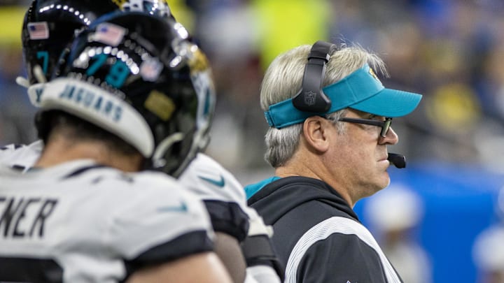 Dec 4, 2022; Detroit, Michigan, USA; Jacksonville Jaguars head coach Doug Pederson watches the action from the sidelines against the Detroit Lions during the first half at Ford Field. Mandatory Credit: David Reginek-Imagn Images