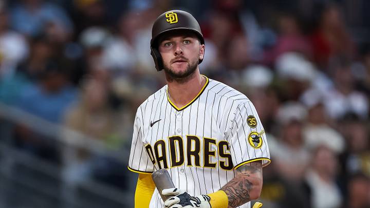 Jul 6, 2026; San Diego, California, USA; San Diego Padres center fielder Jackson Merrill (3) reacts after striking out in the fourth inning against the Arizona Diamondbacks at Petco Park. Mandatory Credit: Chadd Cady-Imagn Images