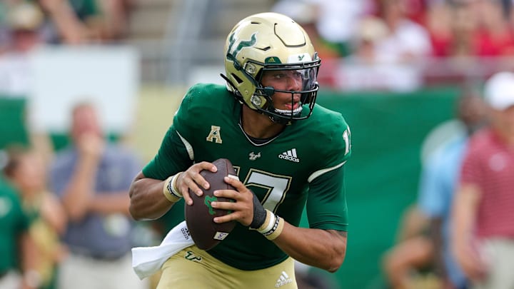 Sep 16, 2023; Tampa, Florida, USA;  South Florida Bulls quarterback Byrum Brown (17) drops back to pass against the Alabama Crimson Tide in the first quarter at Raymond James Stadium. Mandatory Credit: Nathan Ray Seebeck-USA TODAY Sports