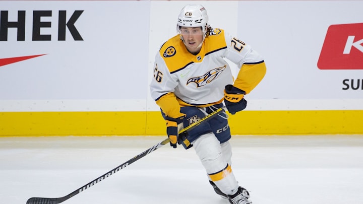 Jan 29, 2024; Ottawa, Ontario, CAN; Nashville Predators center Philip Tomasino (26) controls the puck in the third period against the Ottawa Senators at the Canadian Tire Centre. Mandatory Credit: Marc DesRosiers-Imagn Images Jan 29, 2024; Ottawa, Ontario, CAN; Nashville Predators center Philip Tomasino (26) controls the puck in the third period against the Ottawa Senators at the Canadian Tire Centre. Mandatory Credit: Marc DesRosiers-Imagn Images