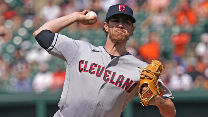 May 31, 2023; Baltimore, Maryland, USA; Cleveland Guardians pitcher Shane Bieber (57) delivers in the first inning against the Baltimore Orioles at Oriole Park at Camden Yards.