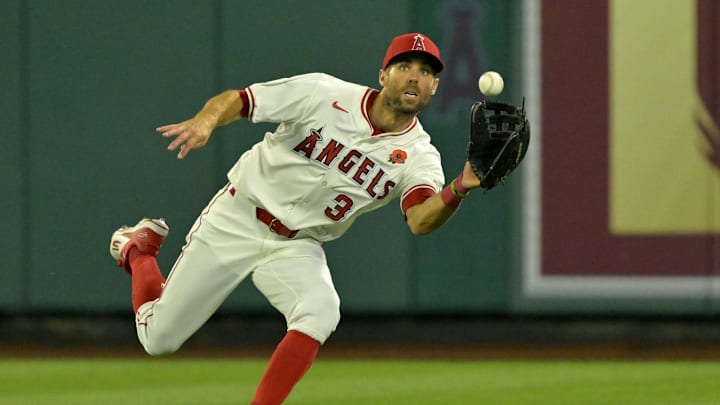 May 26, 2025; Anaheim, California, USA; Los Angeles Angels center fielder Chris Taylor (33) makes a running catch off a ball hit by New York Yankees third baseman Oswald Peraza (18) in the eighth inning at Angel Stadium. Mandatory Credit: Jayne Kamin-Oncea-Imagn Images May 26, 2025; Anaheim, California, USA; Los Angeles Angels center fielder Chris Taylor (33) makes a running catch off a ball hit by New York Yankees third baseman Oswald Peraza (18) in the eighth inning at Angel Stadium. Mandatory Credit: Jayne Kamin-Oncea-Imagn Images