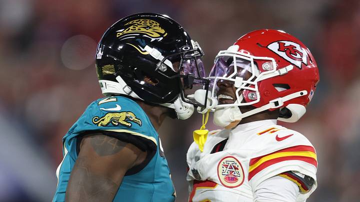 Oct 6, 2025; Jacksonville, Florida, USA; Jacksonville Jaguars cornerback Jourdan Lewis (2) and Kansas City Chiefs wide receiver Marquise Brown (5) come together after a play during the first half at EverBank Stadium. Mandatory Credit: Morgan Tencza-Imagn Images Oct 6, 2025; Jacksonville, Florida, USA; Jacksonville Jaguars cornerback Jourdan Lewis (2) and Kansas City Chiefs wide receiver Marquise Brown (5) come together after a play during the first half at EverBank Stadium. Mandatory Credit: Morgan Tencza-Imagn Images
