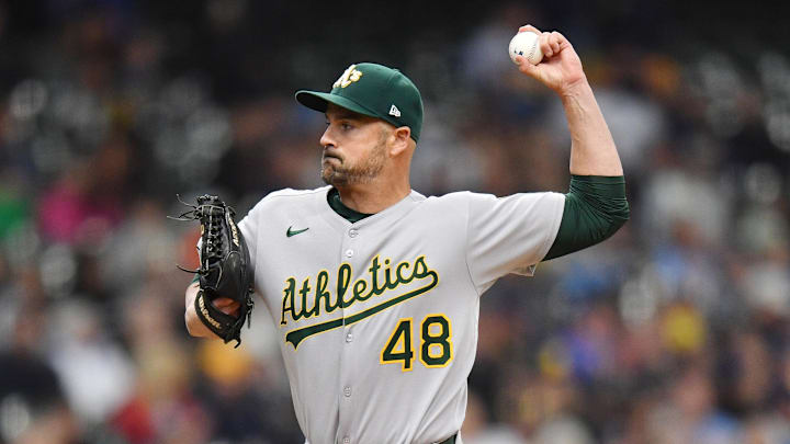 Apr 20, 2025; Milwaukee, Wisconsin, USA; Athletics relief pitcher T.J. McFarland (48) pitches during the sixth inning against the Milwaukee Brewers at American Family Field. Mandatory Credit: Patrick Gorski-Imagn Images Apr 20, 2025; Milwaukee, Wisconsin, USA; Athletics relief pitcher T.J. McFarland (48) pitches during the sixth inning against the Milwaukee Brewers at American Family Field. Mandatory Credit: Patrick Gorski-Imagn Images