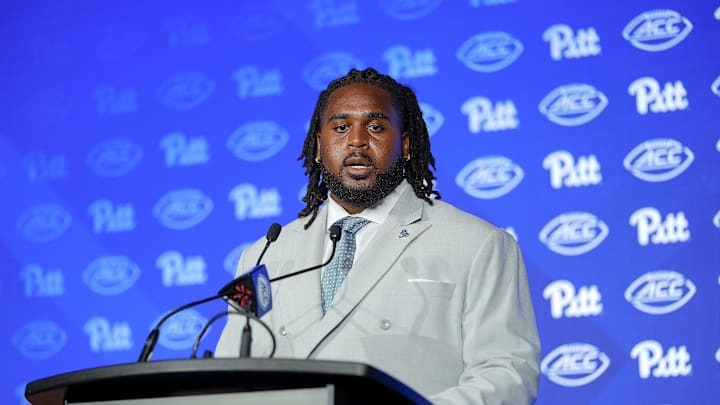 Jul 23, 2025; Charlotte, NC, USA; Pittstburgh offensive lineman Lyndon Cooper answers questions from the media during ACC Media days at Hilton Charlotte Uptown. Mandatory Credit: Jim Dedmon-Imagn Images