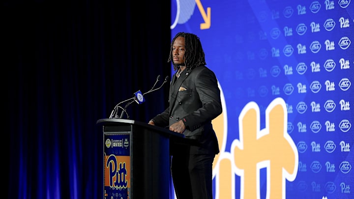 Jul 23, 2025; Charlotte, NC, USA; Pittsburgh defensice back Javon McIntyre answers questions from the media during ACC Media days at Hilton Charlotte Uptown. Mandatory Credit: Jim Dedmon-Imagn Images