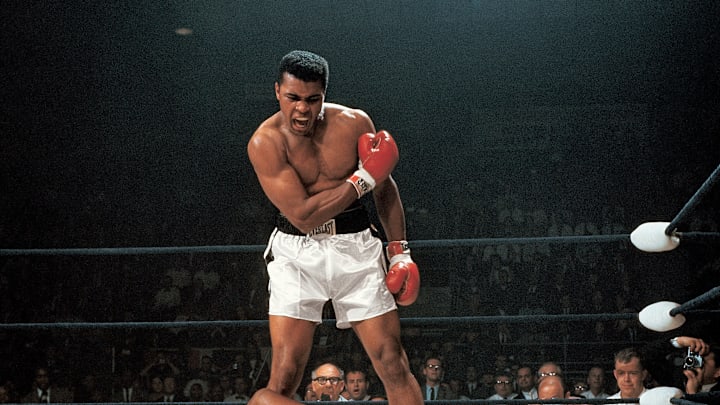 Muhammad Ali after knocking down Sonny Liston on May 25, 1965 Muhammad Ali after knocking down Sonny Liston on May 25, 1965